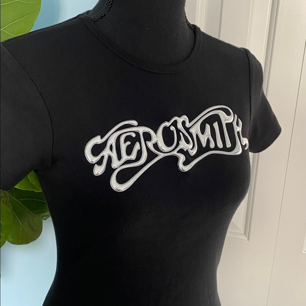 Vintage Rare 90’s Kavio! Black Cotton Classic Aerosmith Bubble Letters Baby Tee
